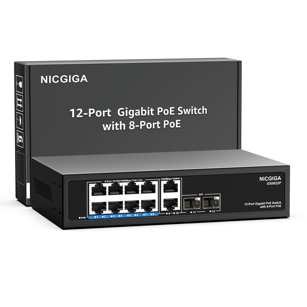 12 Port Gigabit Poe Switch Unmanaged With 8 Port Ieee802.3af/At Poe+@120W, 2 X 1000Mbps Uplink + 2 X 1G Sfp, Nicgiga 8 Port Network Power Over 5051222458228