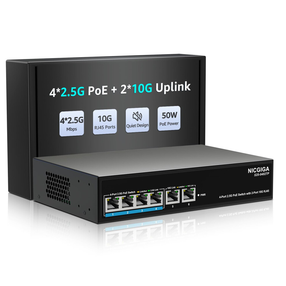 6 Port 2.5Gb Poe Switch Unmanaged With 4 Port 2.5G Base-T Poe+@65W + 2 X 10G Rj45 Uplink, Nicgiga 6 Port 2.5Gbe Ieee802.3af/At Power Over Ethernet 5051222453148