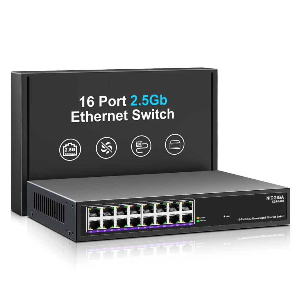 16 Port 2.5Gb Ethernet Switch Unmanaged, Nicgiga 16 Port 2.5G Network Switch, Plug & Play, Desktop Or 19-Inch Rack Mount, Fanless Metal Design. 5051222457726