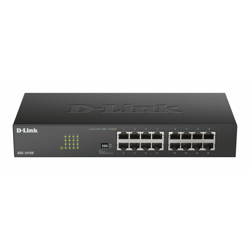 D-Link Dgs-1016D 16-Port Ethernet Copper Gigabit Switch, Hub, Internet Splitter, Metal, Fanless, Plug And Play - Uk Model, Dgs-1016D Green/Black 5051222460191