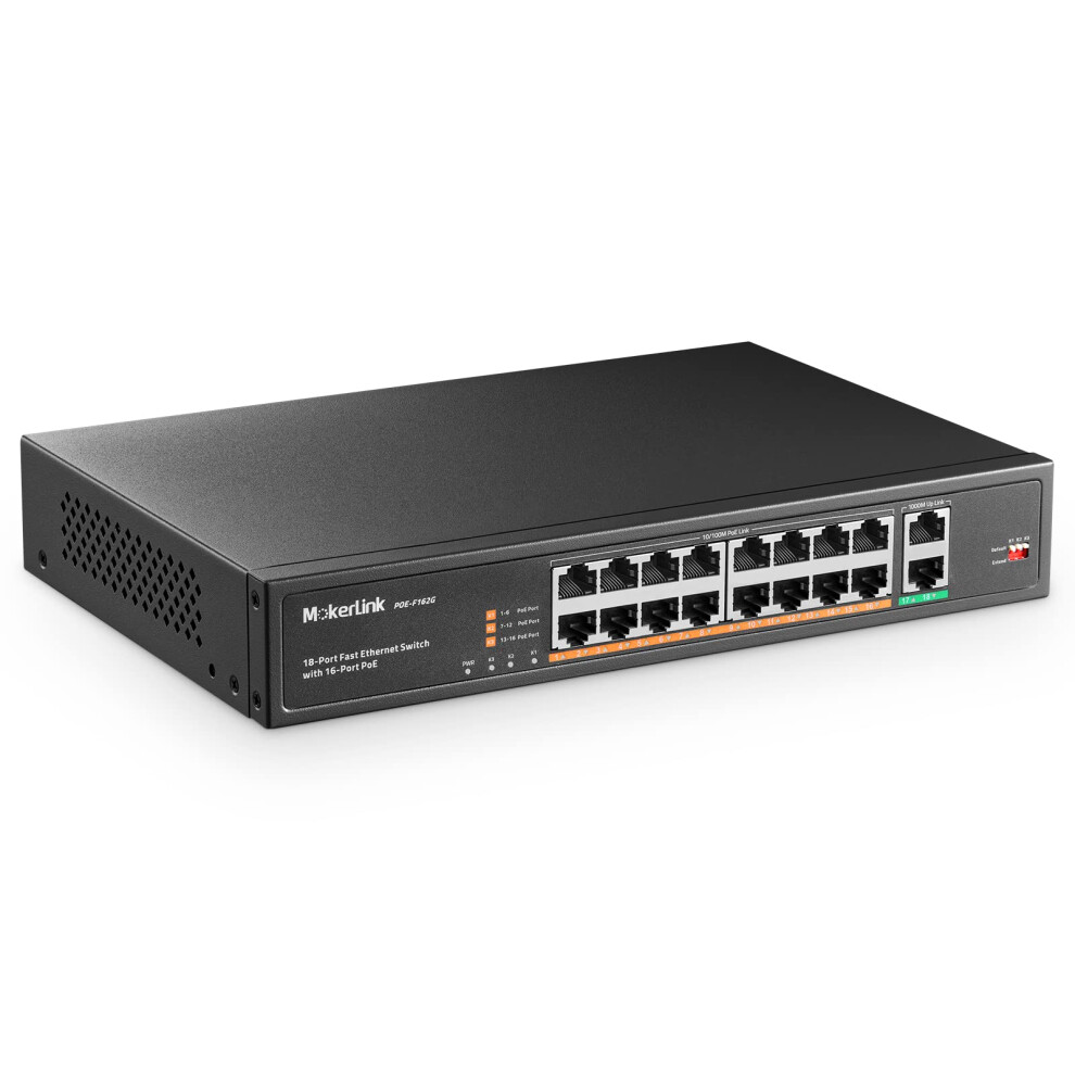 Mokerlink 18 Port Poe Switch,16 Poe+ Port 100Mbps, 2 Gigabit Uplink, 250W High Power, Support Ieee802.3af/At, Rackmount Unmanaged Plug And Play 5051222459508