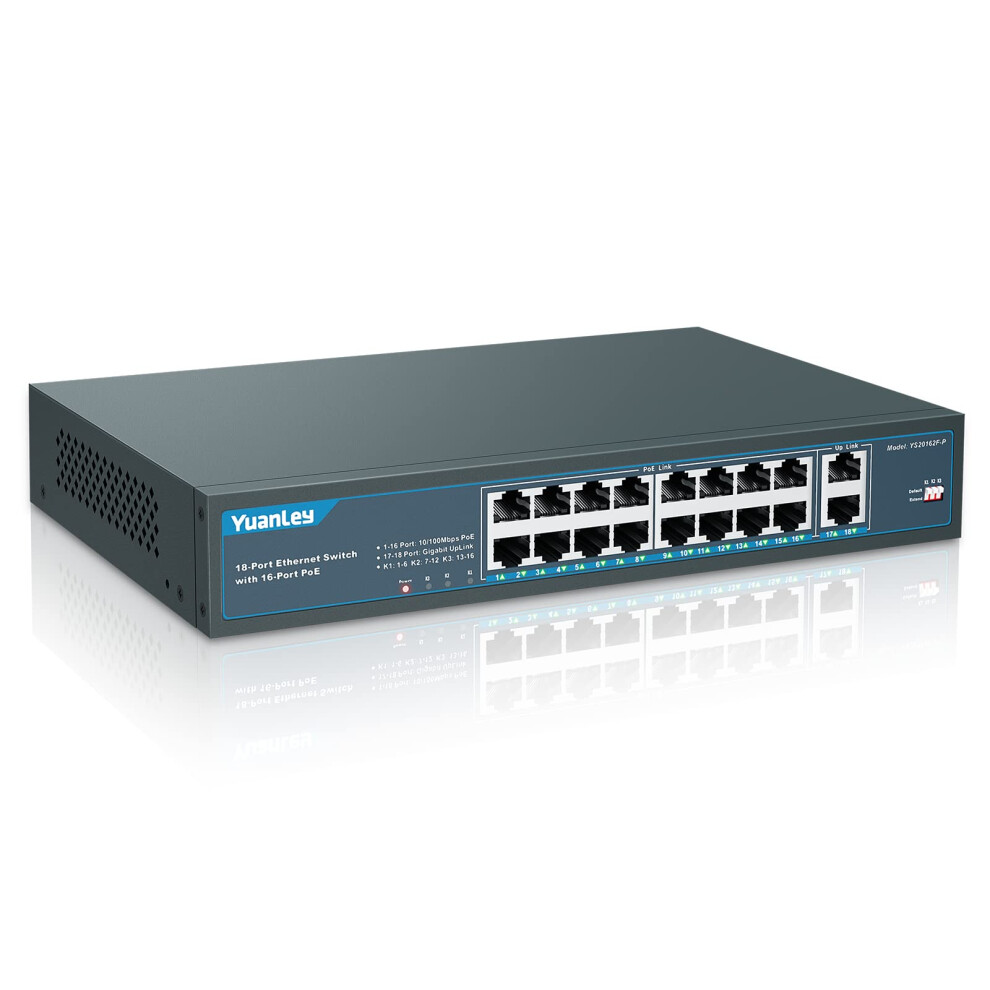 Yuanley 18 Port Poe Switch, 16 Poe+ Port 100Mbps, 2 Uplink Gigabit, 250W Built-In Power, 802.3Af/At, Rackmount Unmanaged Plug And Play 5051222461020