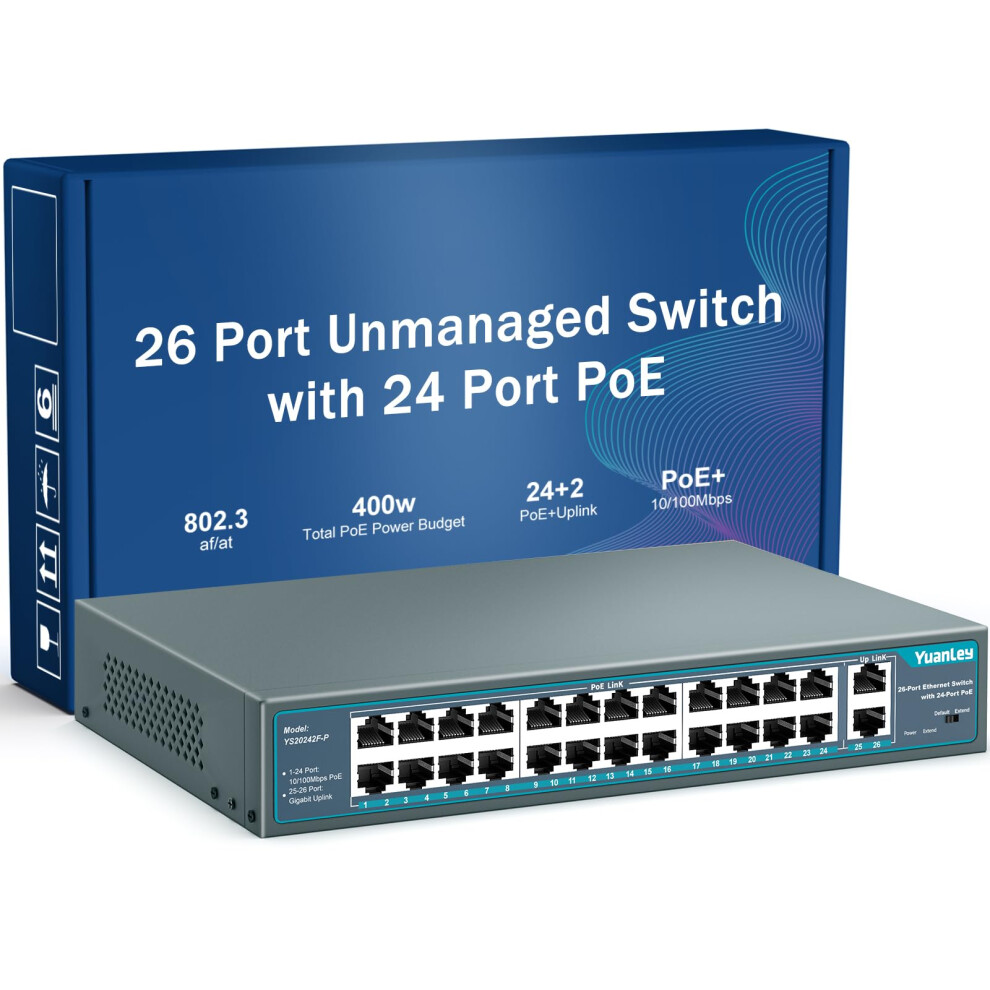 Yuanley 26 Port Poe Switch, 24 Poe+ Port 100Mbps, 2 Uplink Gigabit, 802.3Af/At 400W High Power, Rackmount Unmanaged Plug And Play 5051222461006
