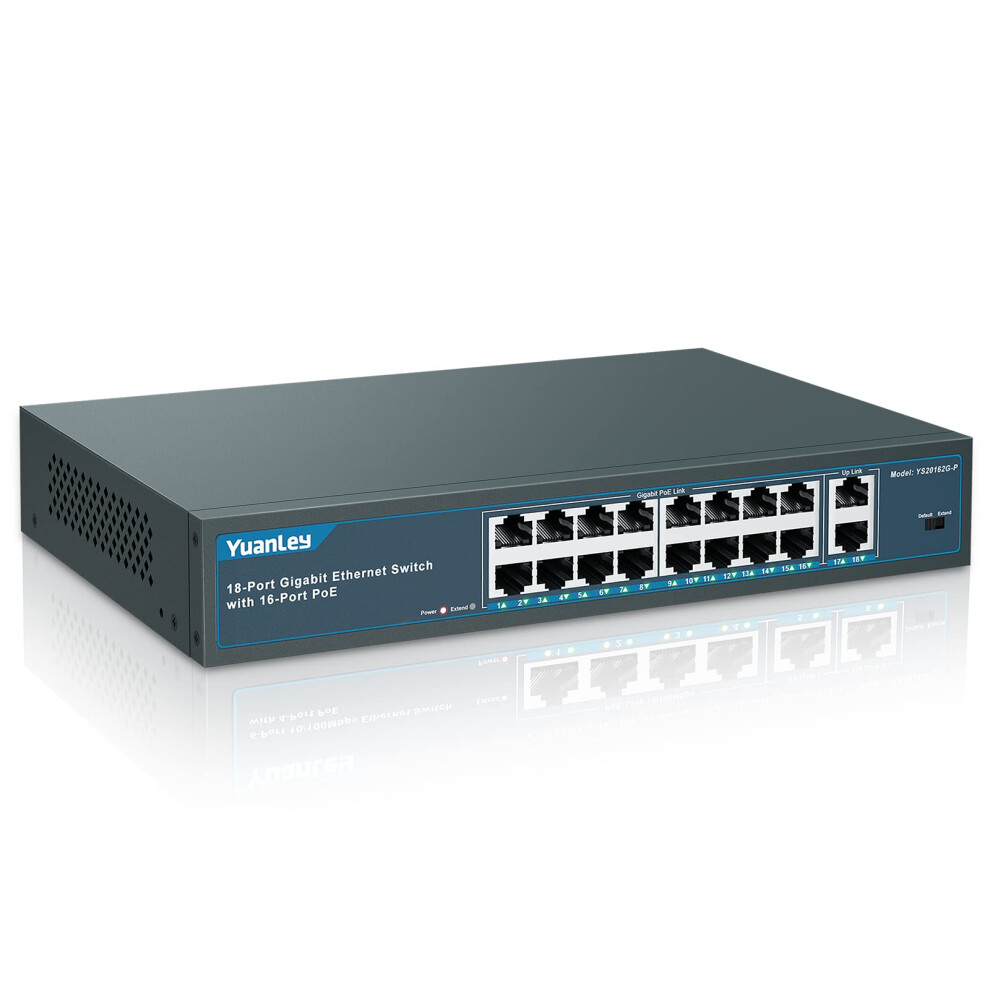 Yuanley 18 Port Gigabit Poe Switch, 16 Poe+ Port 1000Mbps, 2 Gigabit Uplink, 250W 802.3Af/At, Metal Desktop/Rackmount, Unmanaged Plug And Play Network 5051222460542