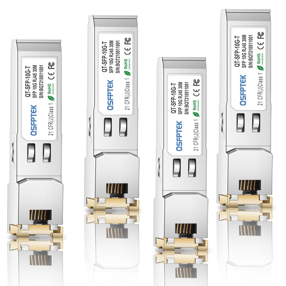 Qsfptek (4Pack) 10Gbase-T Sfp+ To Rj45, 1.25G/2.5G/5G/10Gb Rj45 Copper Mini-Gbic Transceiver For Cisco Sfp-10G-T-S, Ubiquiti Uf-Rj45-10G, Mikrotik, 5051222458693