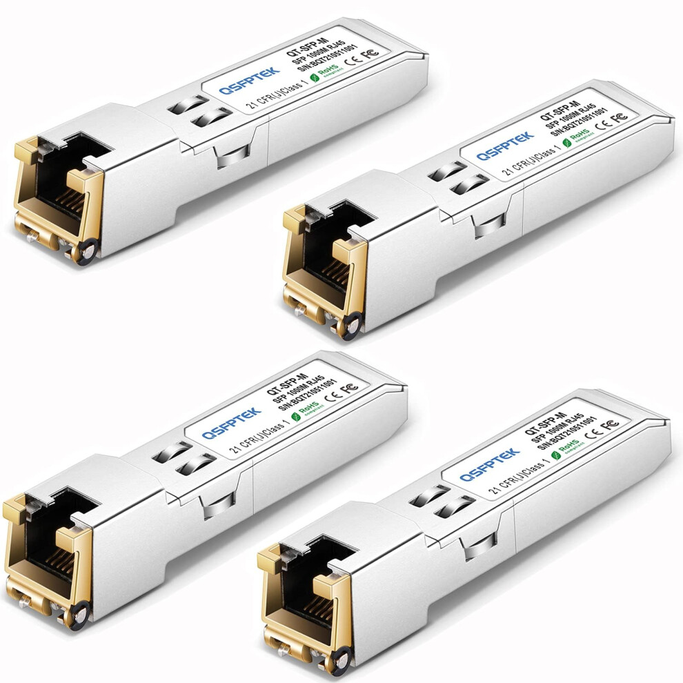 Qsfptek 4Pack 1000Base-T Rj45 Copper Sfp Transceiver, Gigabit Sfp To Rj45 1G Sfp-T Module For Cisco Glc-T/Sfp-Ge-T, Ubiquiti Uf-Rj45-1G, Meraki 5051222458495