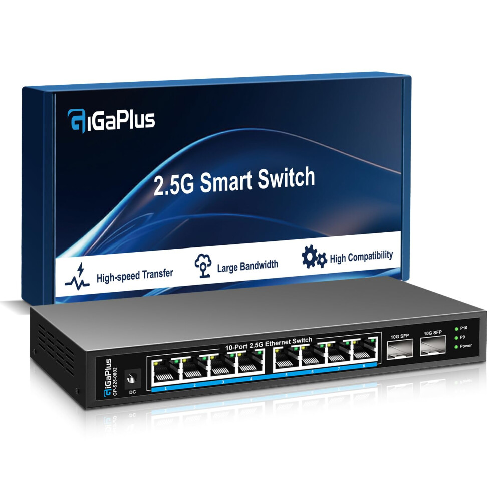 10 Port 2.5Gb Unmanaged Ethernet Switch With 8* 2.5G Base-T Ports, 2* 10G Sfp+ Ports. Gigaplus 2.5Gbps Network Switch For 2.5Gbps Nas/Pc, Wifi6 5051222459003