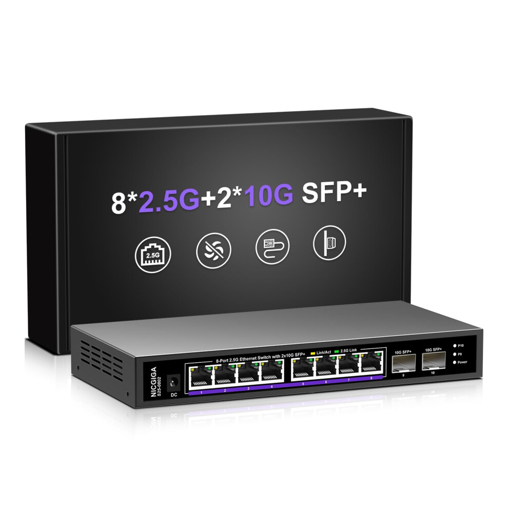 10 Port 2.5Gb Unmanaged Ethernet Switch With 8* 2.5G Base-T Ports + 2* 10G Sfp+ Ports. Nicgiga 8 Port 2.5Gbps Network Switch For 2.5Gbps Nas/Pc, Wifi6 5051222458808