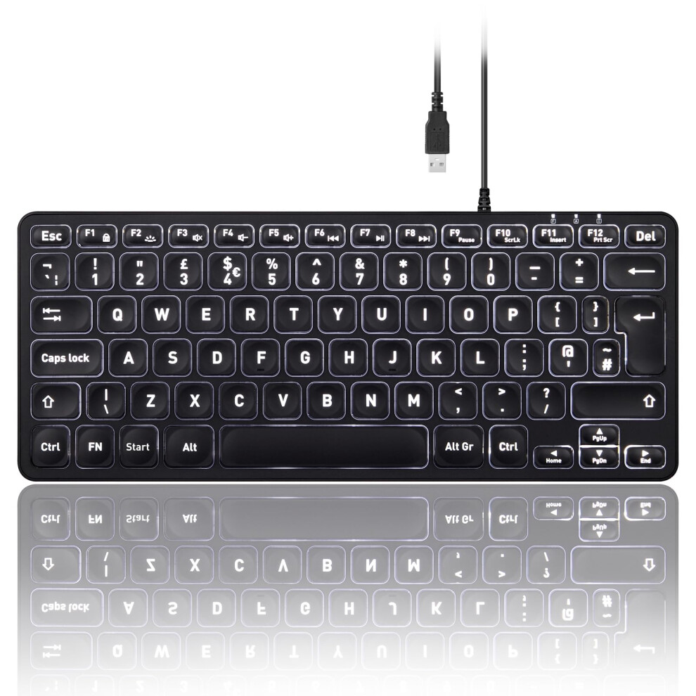 Perixx Periboard-332 Backlit Keyboard, Mini Wired Usb With Large Font Keys, Adjustable Brightness, Slim Profile, Led, Uk Qwerty White 5051222466063