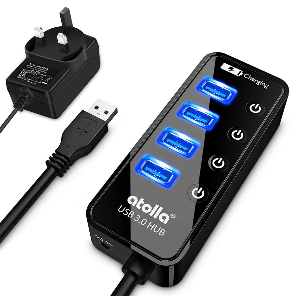 Atolla Usb Hub With 4 Usb 3.0 Superspeed Data Ports And 1 Usb Smart Charging Port, Usb Splitter With Individual On/Off Switches And 5V/3A Power 5051222474129