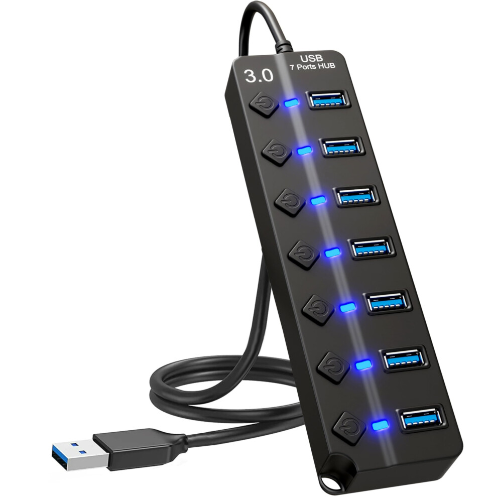 Global Tech 7-Port Usb Hub 3.0 ? Multi Usb Port Hub With Individual Switches And Lights ? Usb Multiport Adapter Splitter ? High-Speed Usb Hub Extender
