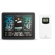 Wireless Weather Station with Color Display, Sunrise Sunset Forecast, Indoor Outdoor Thermometer and Humidity Monitor, Alarm Clock, 1 White Sensor