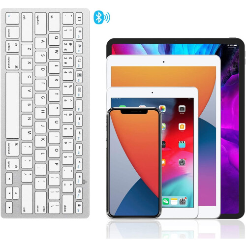 OMOTON Bluetooth Wireless Keyboard for iOS Compatible with iPad Pro/Air/Mini, iPhone and More, UK QWERTY Keyboard Layout, Silver 2