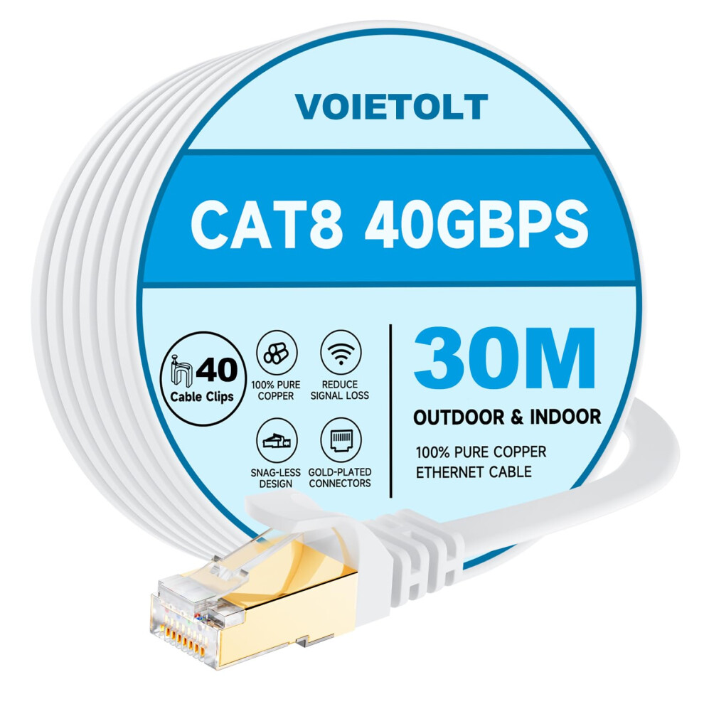 Voietolt Cat8 Ethernet Cable 30M, 40Gbps/2000Mhz Flat High Speed Network Cable, Stp Rj45 Gigabit Cat-8 Lan Internet Cable For Ps4/5, For Modem - White 5051222481233