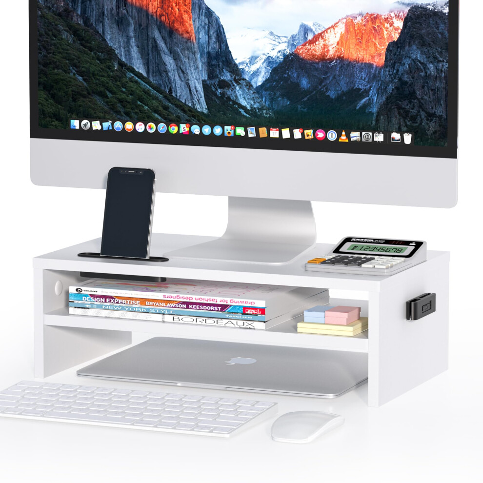 Bontec Wood Monitor Stand Riser, Desk Monitor Stand With Smartphone Holder, Ergonomic Laptop Stand With Cable Management For Computer, Notebook, Imac,