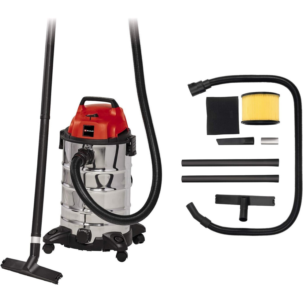 Einhell Tc-Vc 1930 S Wet And Dry Vacuum Cleaner (1,500 W, 30 L Rust-Proof Stainless Steel Tank, Blow Connection, Incl. Plastic Suction Hose,