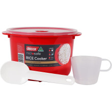D?cor Microwave Rice Cooker Makes 1-4 cups each time comes with measuring cup and rice paddle. Stay cool handles and steam release vent. Dishwasher