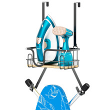 XILIMEN Wall Mount/Over The Door Ironing Board Hanger with Large Storage Basket & Removable Hooks, Iron and Ironing Board Holder Storage for Laundry