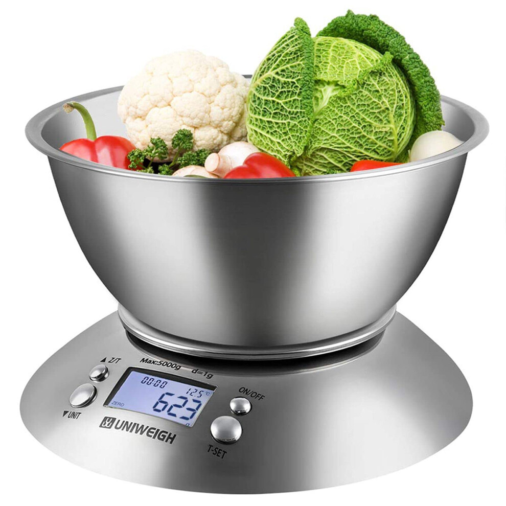 Uniweigh Food Kitchen Scale Bowl,Digital Gram And Oz For Cooking,Baking,Dieting,Weight Loss,With Removable Bowl 2.15L Volume, Room Temperature,Timer, 5051222495964