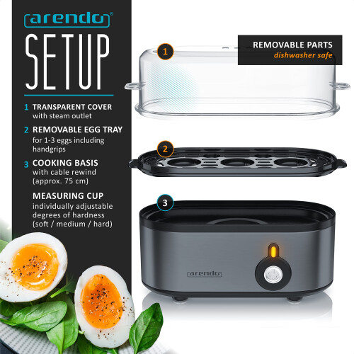 arendo - Electric Egg Boiler, Automatic Cooker with Warming Function for 1 to 3 Perfect Soft,medium and Hard Eggs, Indication Light, Water Measuring 2