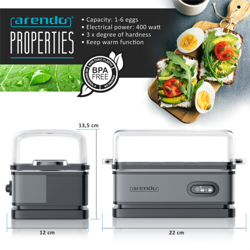 arendo - Electric Egg Boiler, Automatic Cooker with Warming Function, 6 Egg Capacity, Indication Light, for Perfect Soft and Hard Eggs,Water Measuring 1