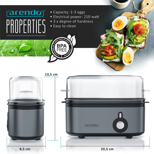 arendo - Electric Egg Boiler, Automatic Cooker with Warming Function for 1 to 3 Perfect Soft,medium and Hard Eggs, Indication Light, Water Measuring 1