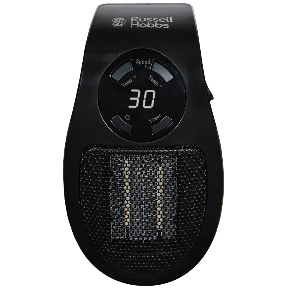 New Russell Hobbs 500W Ceramic Plug Heater, Electric Heater Adjustable Thermostat, 12 Hour Timer & Led Display, 2 Fan Speeds, 2 Year Guarantee, Black