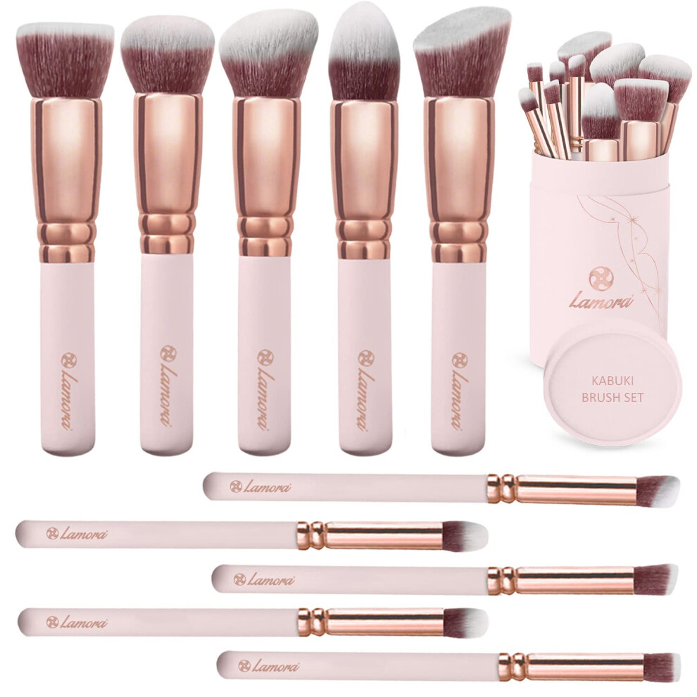 Lamora Kabuki Makeup Brush Set - For Foundation Powder Blush Concealer Contour - Perfect For Liquid, Cream Or Mineral Products - 10 Pc Collection With