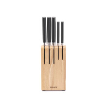 Brabantia 5 Knives Knife Block with Dark Grey Handled Knives & Slotted Beech Wood Countertop Organiser - 6-Piece Set Includes Chef, Bread, Carving,