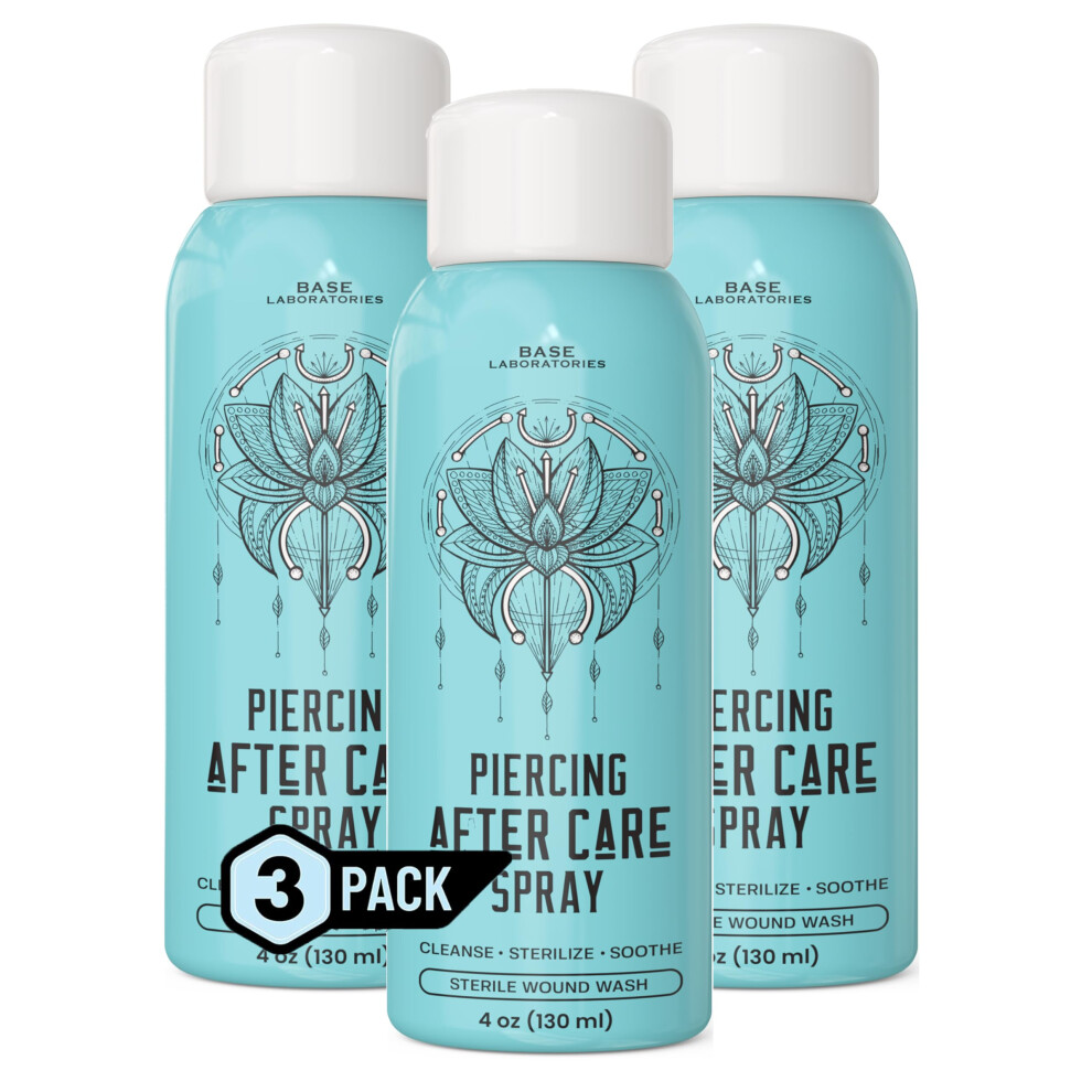 Base Laboratories Piercing Aftercare Spray 4Oz Cleaning Solution Cleanses, Sterilizes & Soothes - Saline For Ears, Nose, Body, Belly Piercings Pack Of