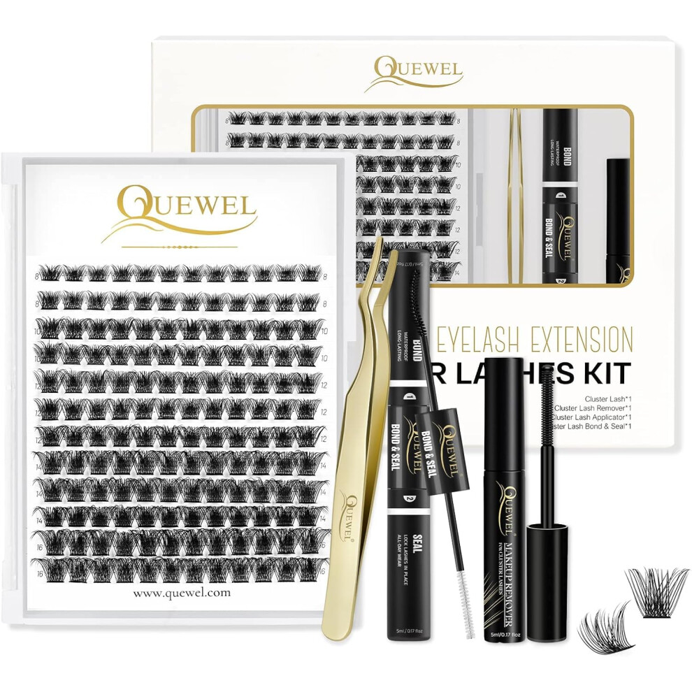 Quewel Individual-Lashes 144 Cluster-Lashes Diy Eyelash Extensions Kit, Clusters Eyelash Applicator, Cluster-Lashes Bond And Seal Super Hold, Clusters