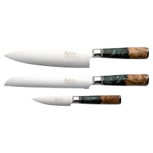 Katana Saya Elements 3 Piece Kitchen Knife Set, Rainforest Green, 20cm Chef's, 20cm Bread and 9cm Paring Knives, Japanese 67-Layer VG-10 Damascus