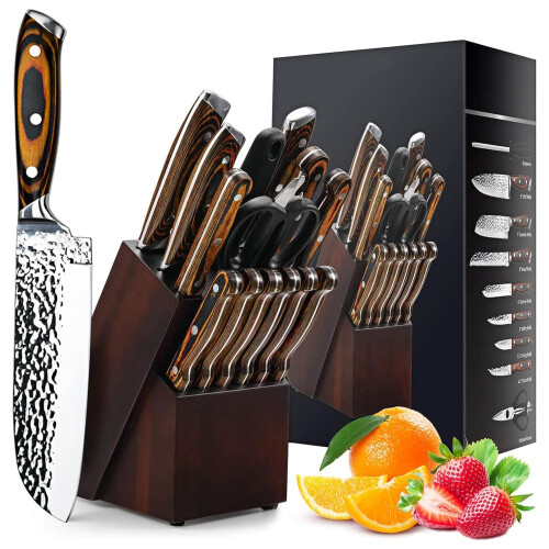 15-Piece Knife Sets for Kitchen, Hammered Desgin Knife Set with Block and Sharpener, High Carbon Stainless Steel Chef Knives with Triple Rivet Handle,