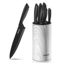 D.Perlla Knife Set, 7 Piece Kitchen Knife Set with Detachable Round Upright Knife Cylinder, Stainless Steel Black Coating, Lightweight and Non-Slip