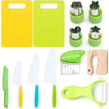 JLNGTHONG 13 PCS Kitchen Knives for Children Toddler Safe Knives Set for Real Cooking Plastic Cooking Sets with Cutting Board, Plastic Knives, Potato