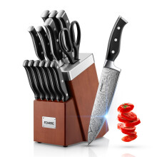 FOHERE Knife Set, 14 Pieces Kitchen Knife Set with Integrated Sharpener, High Carbon Stainless Steel Knife Block Set with Waved Pattern, Rust & Stain