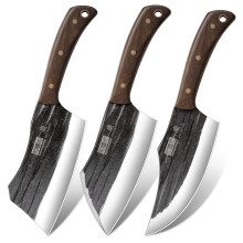 HOSHANHO Butcher Knife Set, 3-Piece High Carbon Steel Serbian Chef Knife Set of Heavy Duty Boning & Meat Cleaver & Viking Knife for Home, Cooking,