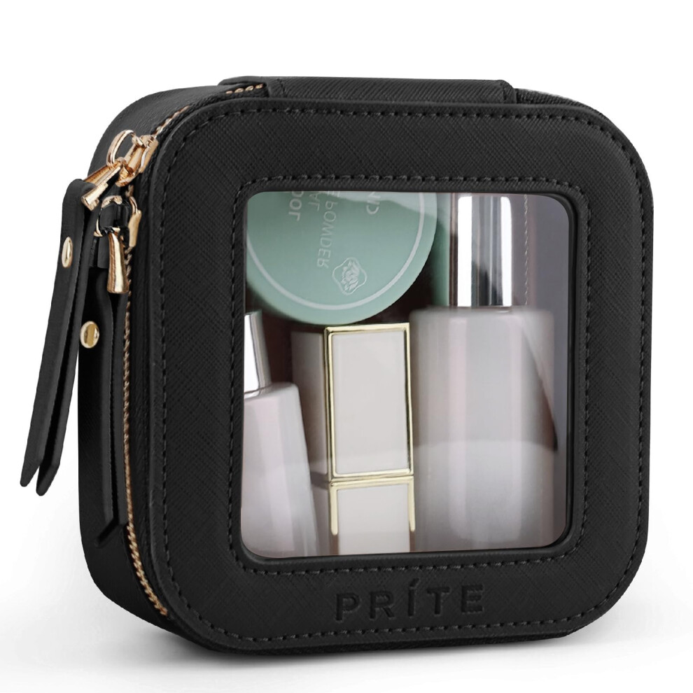 Prite Black Small Clear Makeup Bag With Gift Box Mini Cosmetic Case Waterproof Travel Toiletry Pouch Car Essentials With Double Zippers (Black)