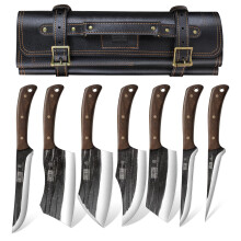 HOSHANHO Butcher Knife Set, Hand Forged Butcher Chef Knife Set with Roll Bag, Sharp Meat Cleaver Bone Chopper Fillet Knife for Home & Camping & BBQ