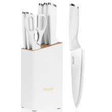 hecef Stylish 7-Piece Kitchen Knife Block Set, Stainless Steel Kitchen Knives with Ergonomic Handles for Cooking and Gift Giving (White)
