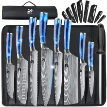 Dfito Chef Knife Sets with Roll Bag, 9 Pieces Professional Knife Set, High Carbon Stainless Steel Kitchen Chef Knife Set, Blue Resin Handle,