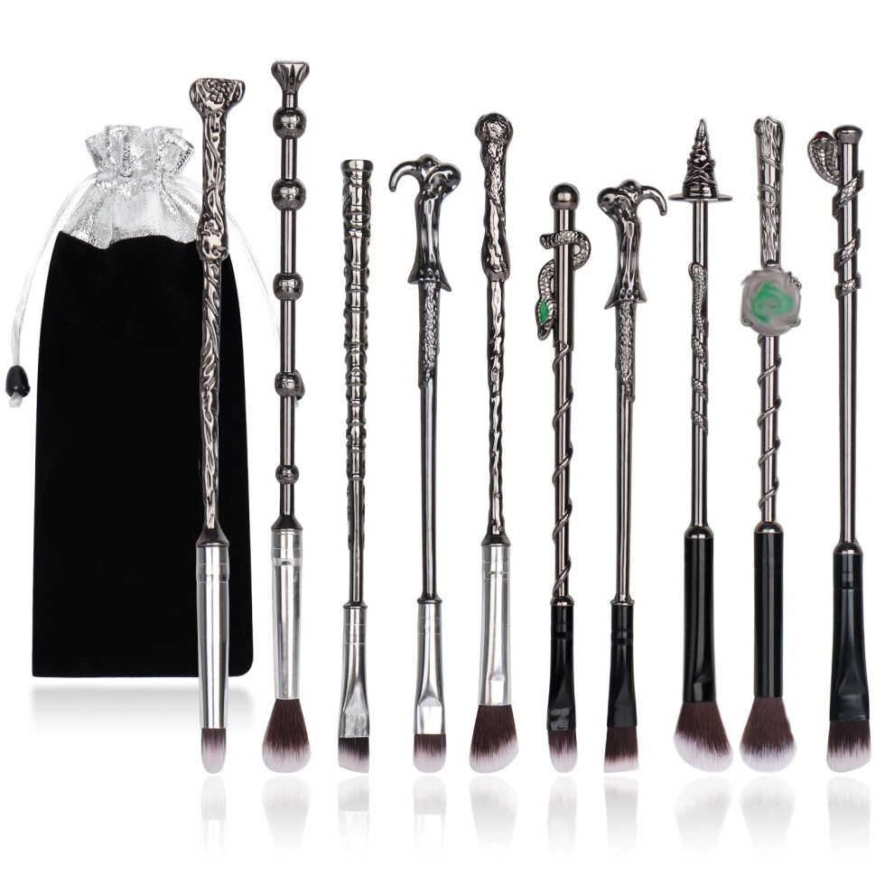 Boyigog Silver 10Pcs Wizard Makeup Brushes Set,3D Handle Metal Wand With Theme Bag,Anime Cosmetic Brushes For Powder Eyeshadow Lips Eyeliner,Portable Makeup