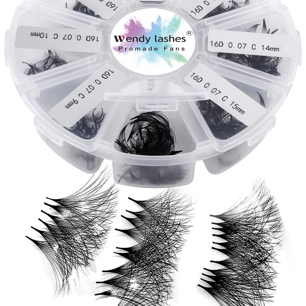 Wendy Lashes Pre Made Fan Eyelash Extensions 16D 0.07Mm D Curl 500 Fans 9-16Mm Mixed Tray Premium Premade Fans Volume Russian Lash Extensions Handmade Promade