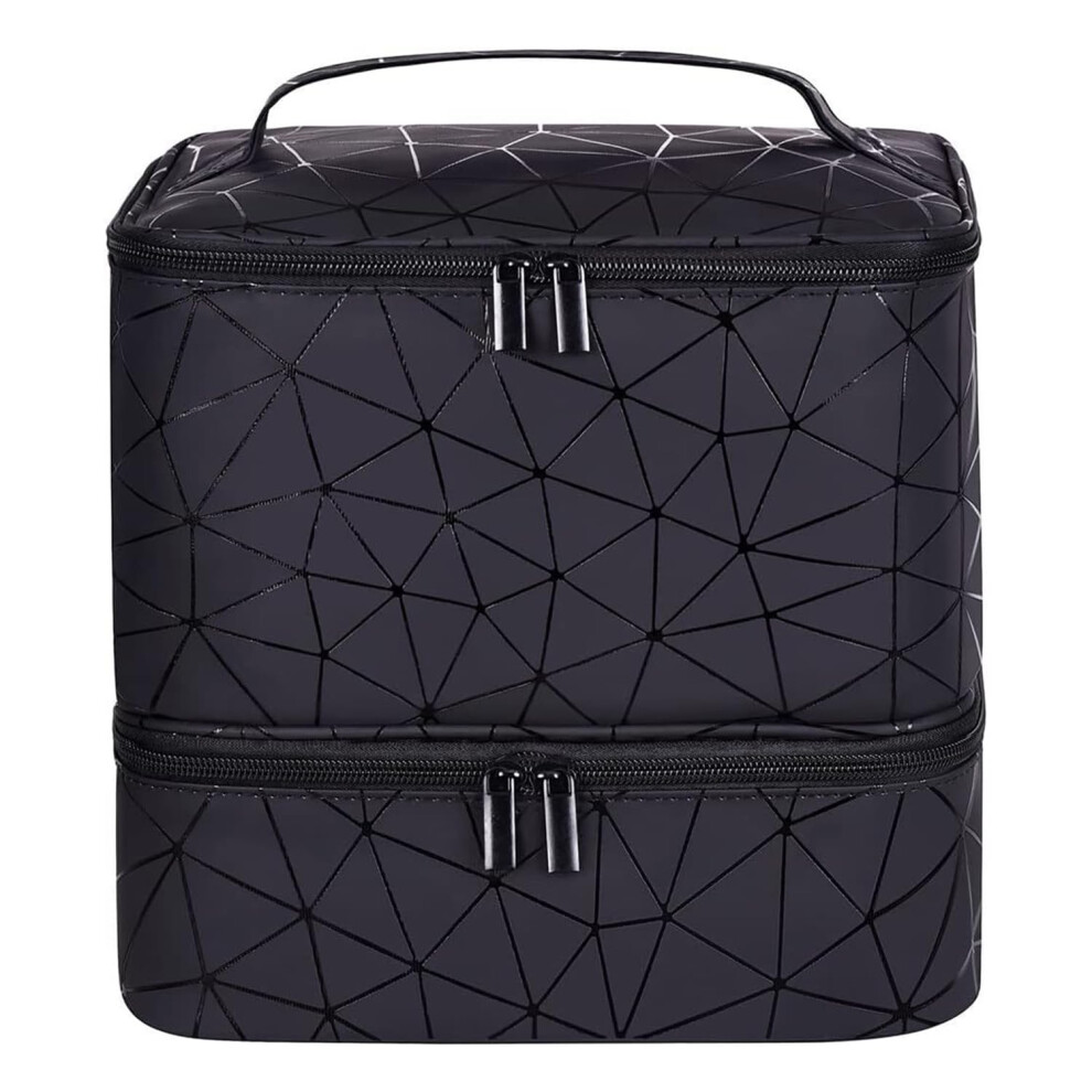 Bylife Black Large Makeup Bag, Nail Polish Organiser-Holds 30 Bottles Double-Layer Travel Storage Bags Waterproof Pu Cosmetic Bag With Adjustable