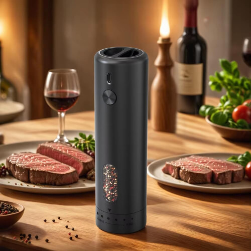 Electric Pepper Grinder with Adjustable Coarseness, USB Rechargeable Stainless Steel Mill with LED Light, Black 1