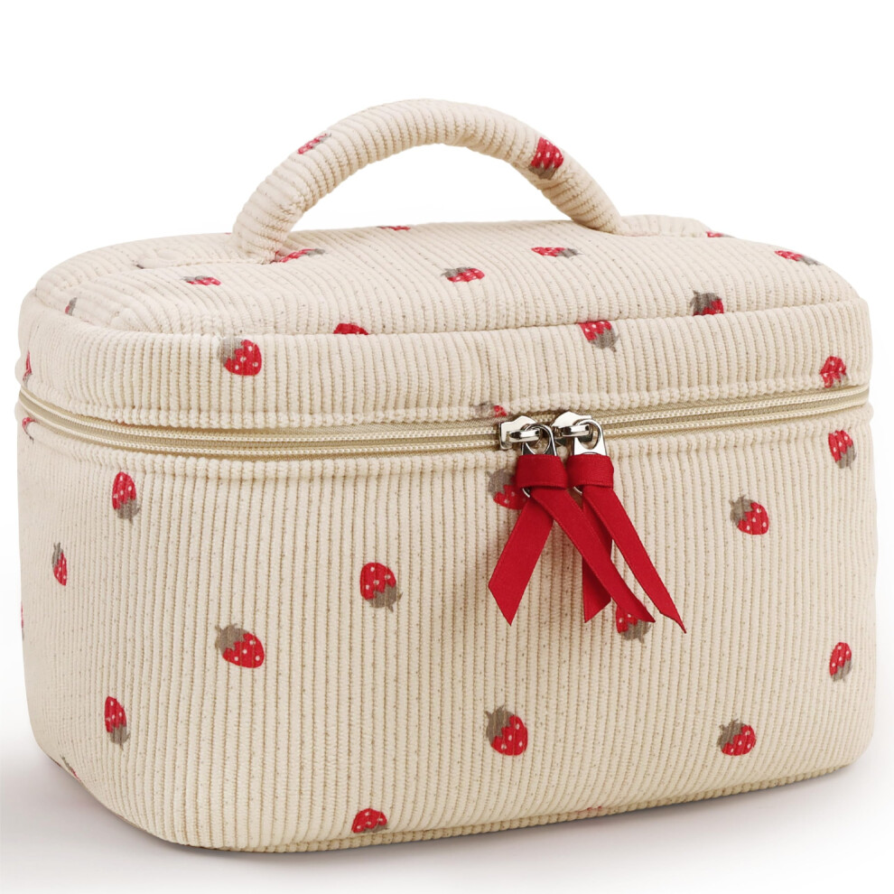 Prite Corduroy Makeup Bag Floral Cosmetic Pouch Cute Travel Toiletry Bag Aesthetic Organiser Bag For Women And Girls (Strawberry)