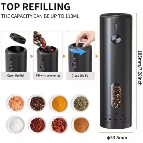 Electric Pepper Grinder with Adjustable Coarseness, USB Rechargeable Stainless Steel Mill with LED Light, Black 2