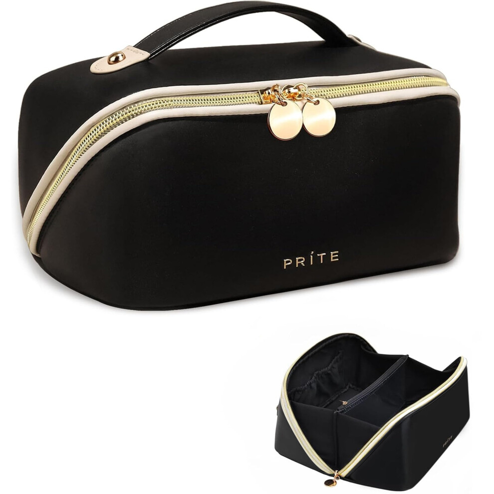 Prite Black Large Capacity Makeup Bag Portable Travel Cosmetic Bag Waterproof Toiletry Case With Clear Divider And Handle ( M)