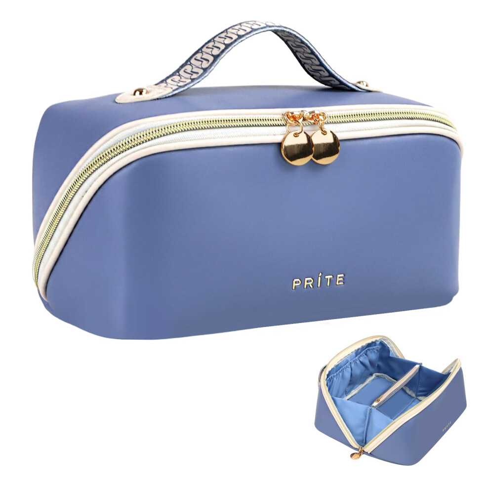 Prite Blue Large Capacity Makeup Bag Portable Travel Cosmetic Bag Waterproof Toiletry Case With Clear Divider And Handle ( M)