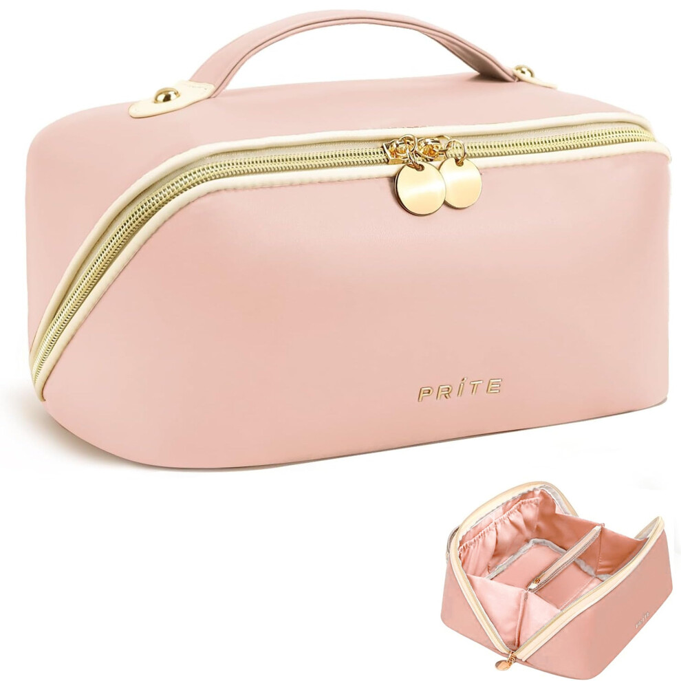 Prite Pink Large Capacity Makeup Bag Portable Travel Cosmetic Bag Waterproof Toiletry Case With Clear Divider And Handle ( L)